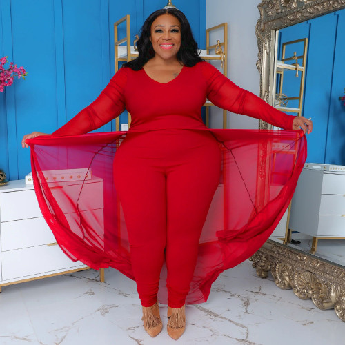 Women's plus size autumn and winter long-sleeved stretch jumpsuit