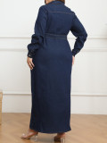 Plus size winter women's collared washed denim dress