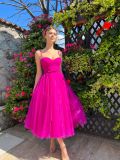 Party straps solid color midi-length long mesh dress (without bow)