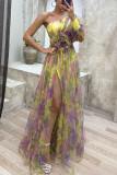 Women's autumn and winter party mesh slanted shoulder fashion flower dress