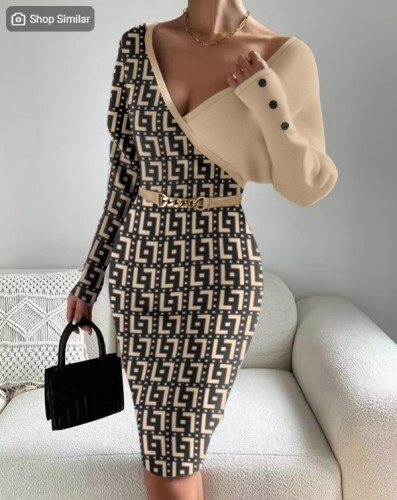 Autumn and winter v-neck patchwork fashionable slimming and sexy bodycon knitted dress