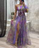 Women's autumn and winter party mesh slanted shoulder fashion flower dress