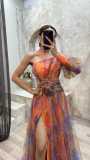 Women's autumn and winter party mesh slanted shoulder fashion flower dress