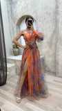 Women's autumn and winter party mesh slanted shoulder fashion flower dress