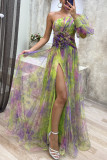 Women's autumn and winter party mesh slanted shoulder fashion flower dress