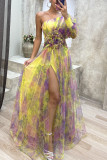 Women's autumn and winter party mesh slanted shoulder fashion flower dress