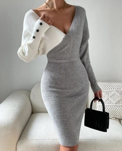 Autumn and winter v-neck patchwork fashionable slimming and sexy bodycon knitted dress