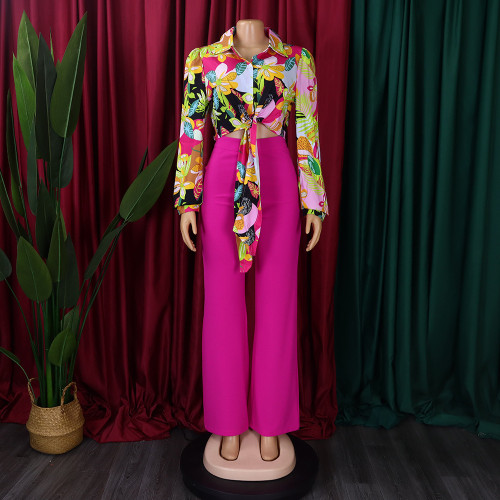 Autumn printed lapel long-sleeved blouse top wide-leg pants two-piece set