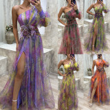 Women's autumn and winter party mesh slanted shoulder fashion flower dress