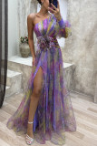Women's autumn and winter party mesh slanted shoulder fashion flower dress