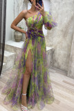 Women's autumn and winter party mesh slanted shoulder fashion flower dress