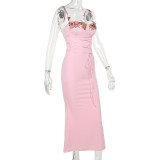 Applique Belted Hot Girl Flower Long Dress