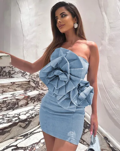 Strapless slim fit bodycon three-dimensional flower dress