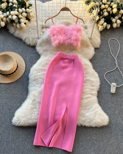 Sexy furry short top midi-length slit knitted skirt two-piece set