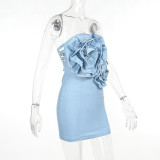 Strapless slim fit bodycon three-dimensional flower dress