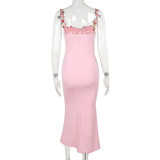 Applique Belted Hot Girl Flower Long Dress