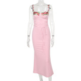 Applique Belted Hot Girl Flower Long Dress