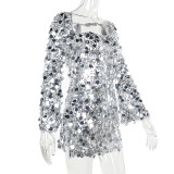 Fashionable sexy backless sequined silver party dress 
