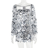 Fashionable sexy backless sequined silver party dress 