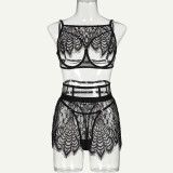 Sexy lingerie set lace eyelashes hollow out see-through three-piece set