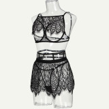 Sexy lingerie set lace eyelashes hollow out see-through three-piece set