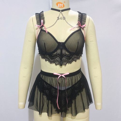 Fashionable halterneck black see-through bra with lace stitching sexy lingerie set