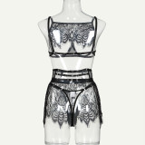 Sexy lingerie set lace eyelashes hollow out see-through three-piece set