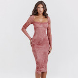 Long-sleeved low-cut fashionable sexy tight long dress