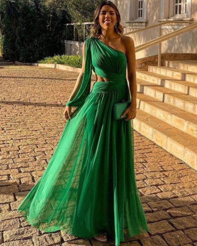 One-shoulder slim-fitting dress solid color slim-fitting long skirt