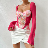 Low-cut sexy see-through mesh patchwork floral lace-up long-sleeved top