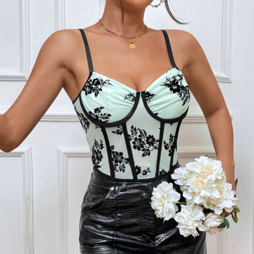 Deep V low-cut underwire fishbone waist suede embroidered vest