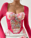 Low-cut sexy see-through mesh patchwork floral lace-up long-sleeved top