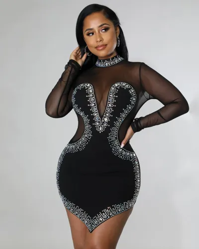Hot rhinestone mesh see-through long-sleeved irregular dress