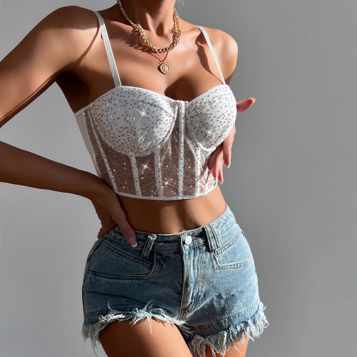 Low-cut sexy see-through mesh spliced sequin fashion short bone top