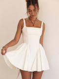 Solid Color Sexy Backless Spliced Strap Short Ruffle Dress