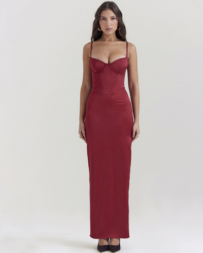 Sexy and trendy V-neck strapless spliced slit long evening dress