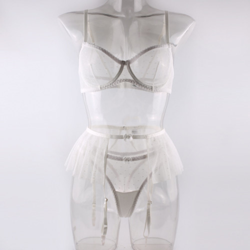 White lace sexy skirt underwire erotic lingerie three-piece set Bridal Lingerie Set