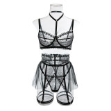 Sexy see-through buckle halterneck lace mesh splicing lingerie set