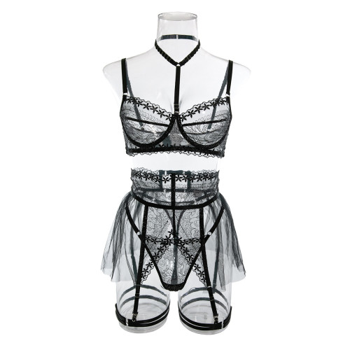 Sexy see-through buckle halterneck lace mesh splicing lingerie set