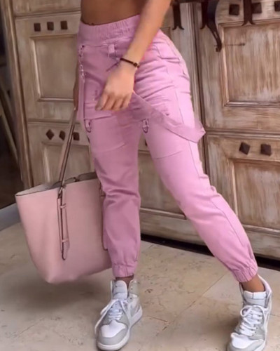 Retro multi-pocket pink slimming suspenders elasticated casual pants