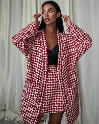 Autumn and winter suit women's houndstooth jacket mini skirt two-piece set
