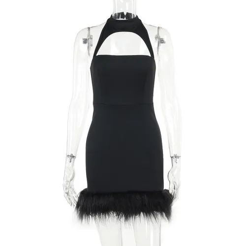 Hollow out fur autumn slim dress