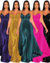 V-neck sexy backless large hem pleated long maxi evening dress