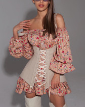 Fashionable long-sleeved floral dress with bustier slimming A-line dress