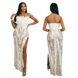 Women's evening gown high slit sequined feather evening dress