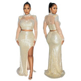 Fashionable round neck mesh sequined long-sleeved top high slit long skirt two-piece set
