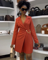 Sexy waist-cinched pleated patchwork blazer dress
