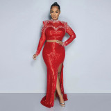 Fashionable round neck mesh sequined long-sleeved top high slit long skirt two-piece set