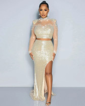 Fashionable round neck mesh sequined long-sleeved top high slit long skirt two-piece set