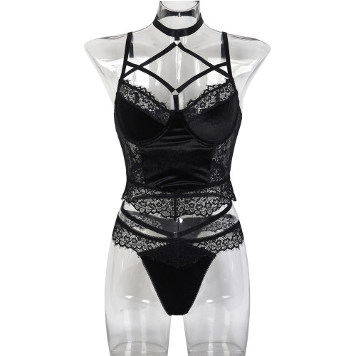 Suede lace sexy cross halter neck bra set